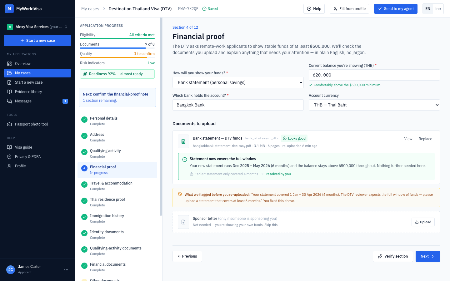 The MyWorldVisa application wizard showing the DTV financial-proof step