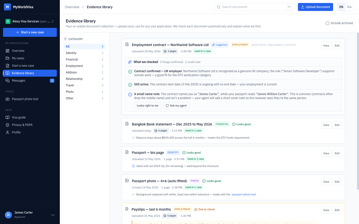 The evidence library showing AI checks on James Carter's uploaded documents